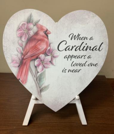 CARDINALS APPEAR WOODEN HEART ON EASEL 17X14 1/2