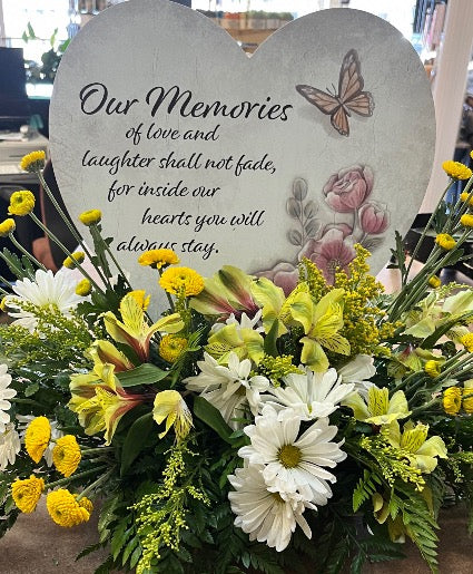 IN OUR HEARTS WOODEN HEART ON EASEL WITH FRESH FLOWERS