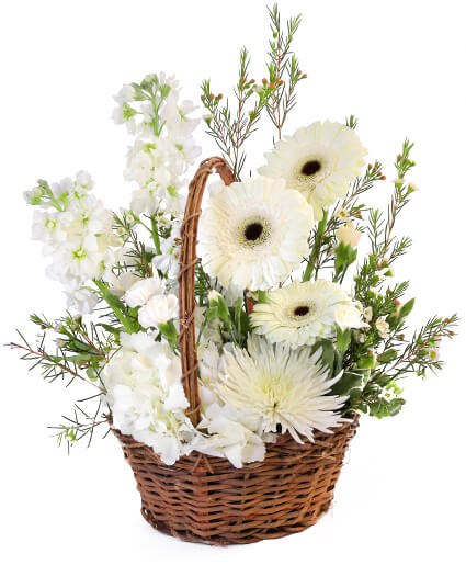 PRISTINE WHITE BASKET FLORAL ARRANGEMENT