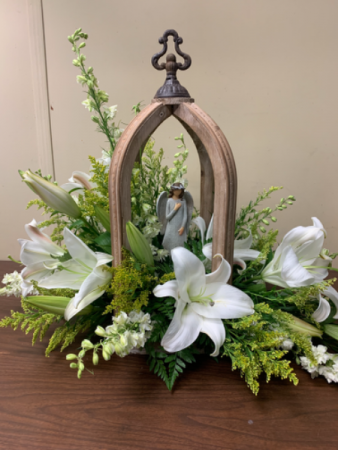 SYMPATHY ARCH LILIES IN WOODEN ARCH