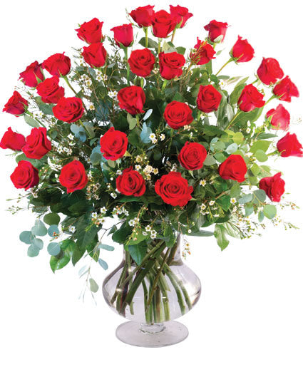 THREE DOZEN RED ROSES VASE ARRANGEMENT