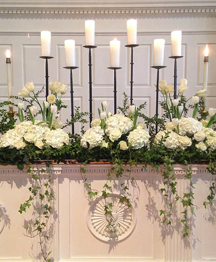 WHITE CANDLE GARDEN ALTAR ARRANGEMENT